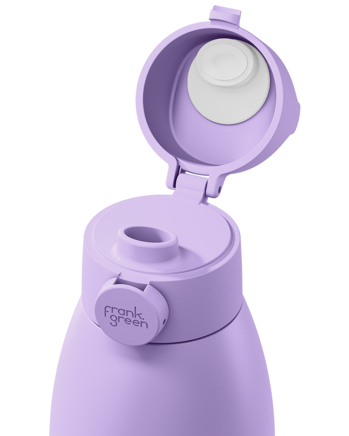Close-up of a purple water bottle with the lid open, showing the spout and a small circular frank green logo on the side, on a white background.