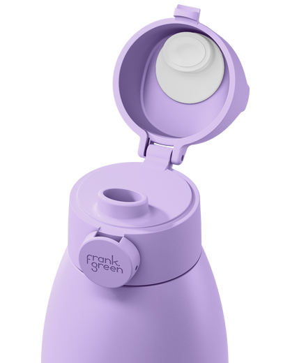 Close-up of a purple water bottle with the lid open, showing the spout and a small circular frank green logo on the side, on a white background.