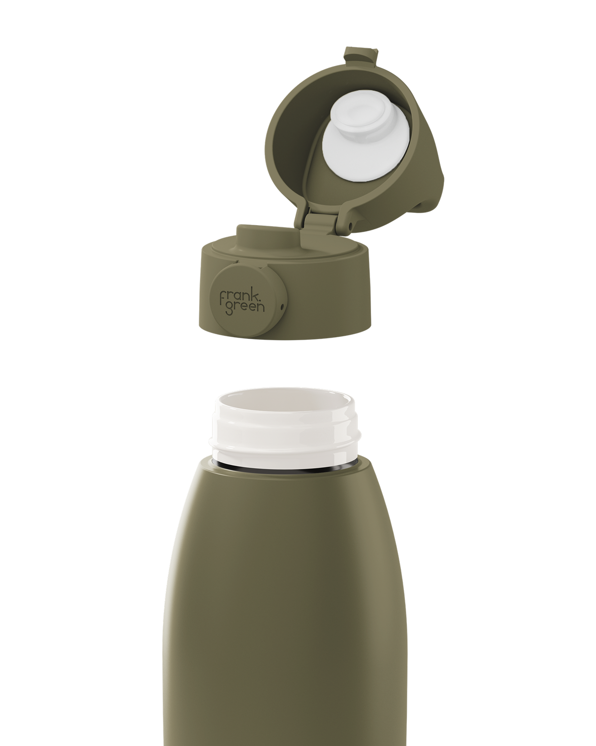 An olive green insulated bottle with its cap removed and shown floating above the bottle opening, revealing a white inner insert. The cap has the 'mark green' logo printed on it, set against a plain white background.