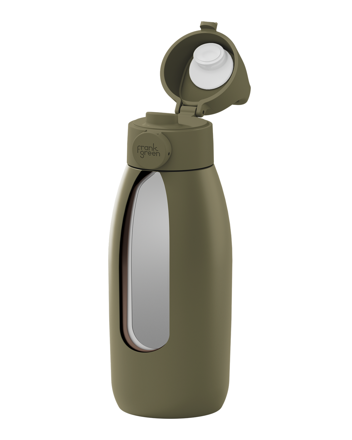 An olive green insulated water bottle with a flip-up lid, shown on a solid white background. The brand name 'frank green' is subtly printed on the collar.
