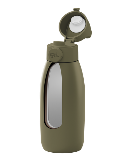 An olive green insulated water bottle with a flip-up lid, shown on a solid white background. The brand name 'frank green' is subtly printed on the collar.