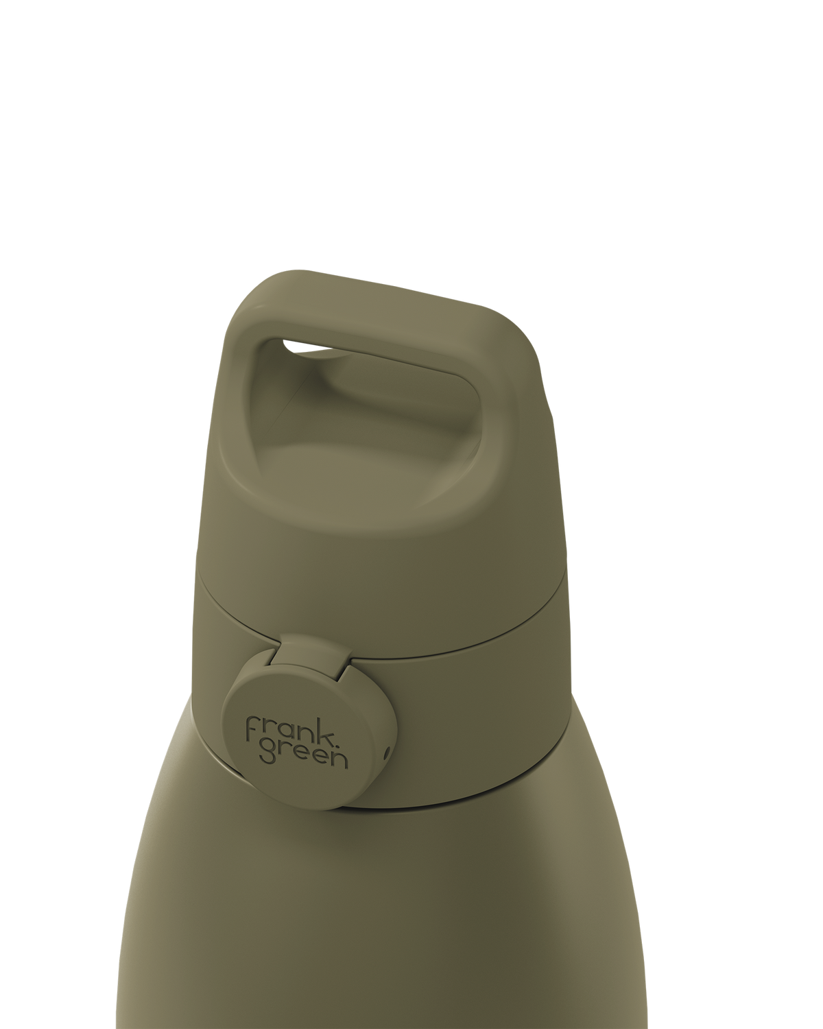 Close-up of a matte olive green water bottle showing the lid, carry loop, and a circular button with the 'frank green' logo, set against a solid white background.