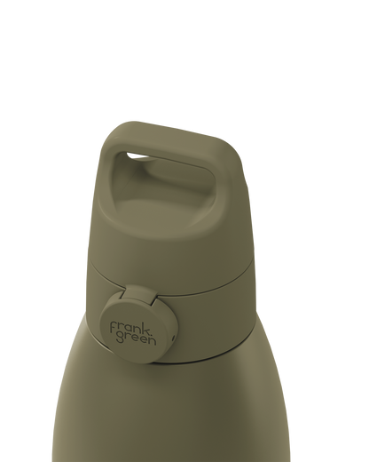 Close-up of a matte olive green water bottle showing the lid, carry loop, and a circular button with the 'frank green' logo, set against a solid white background.