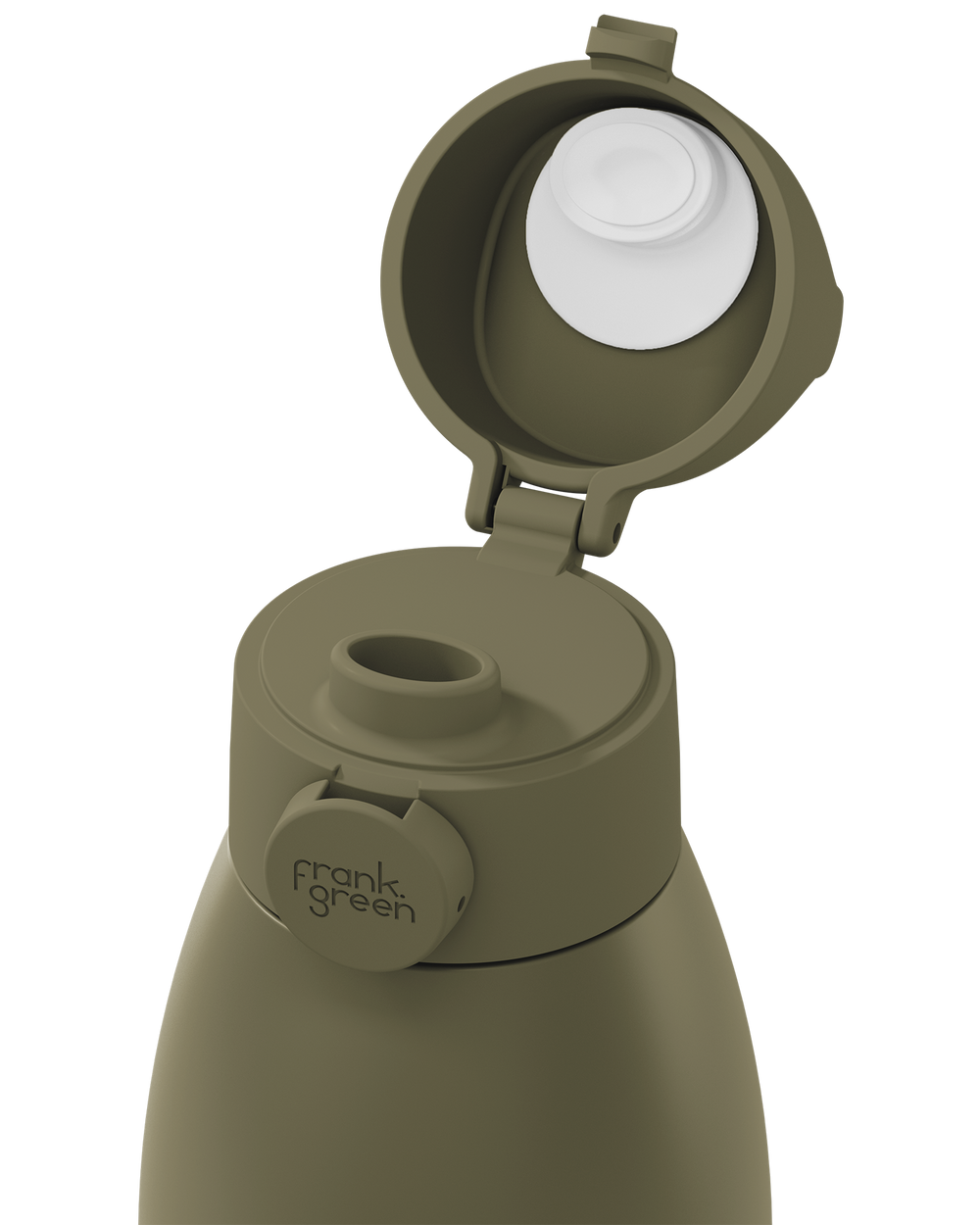 Close-up of a frank green insulated bottle with an olive green body and lid, shown with the flip-top lid open to reveal a white interior and straw insert, on a plain white background.