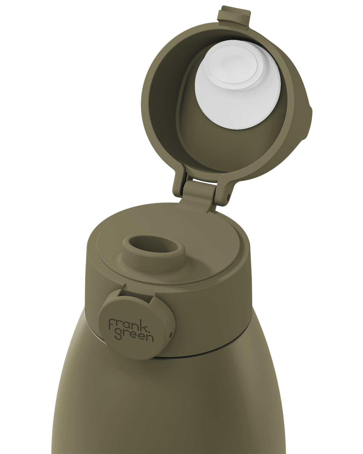 Close-up of a frank green insulated bottle with an olive green body and lid, shown with the flip-top lid open to reveal a white interior and straw insert, on a plain white background.
