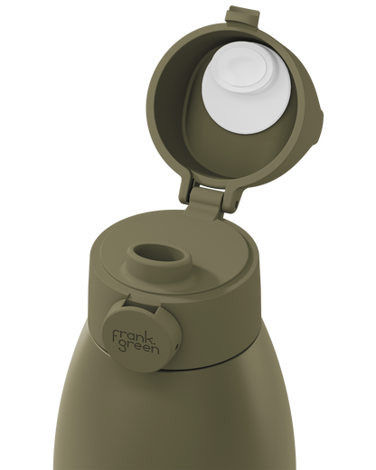 Close-up of a frank green insulated bottle with an olive green body and lid, shown with the flip-top lid open to reveal a white interior and straw insert, on a plain white background.