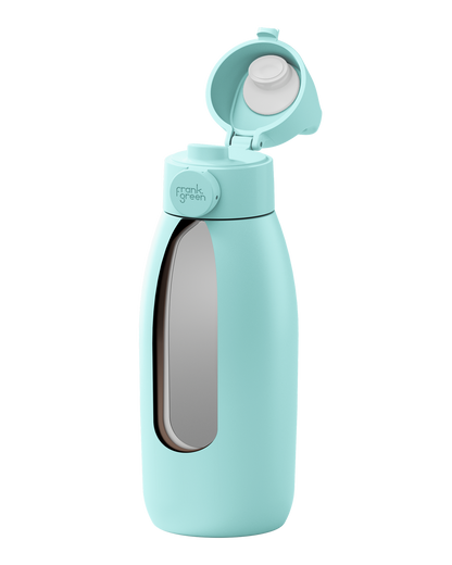 A mint green water bottle with a flip-up lid, featuring a clear window on the side and the brand name 'frank ocean' printed on the collar.