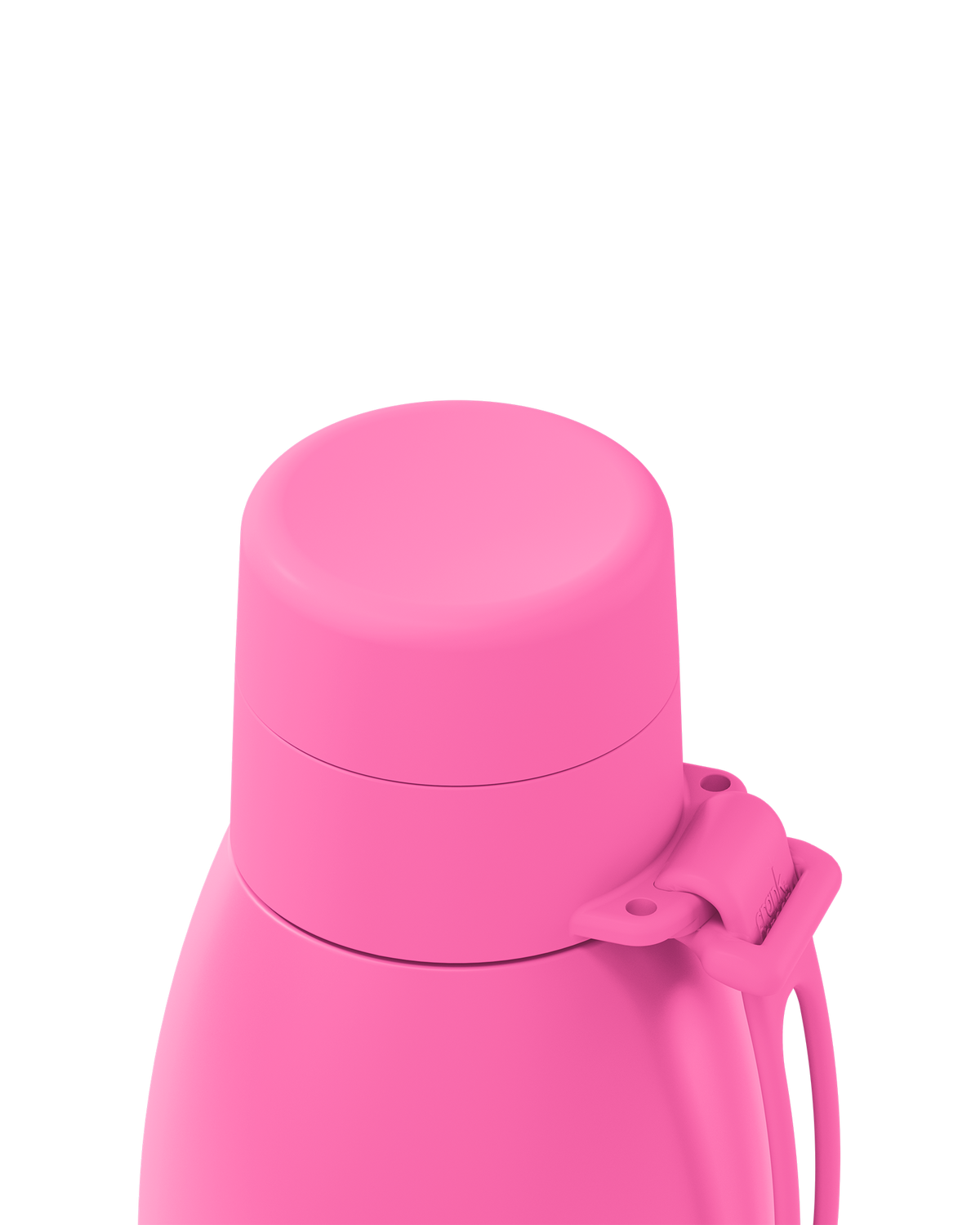 Close-up of a bright pink thermal lid closed on a 34oz insulated bottle, with the carry loop attached.