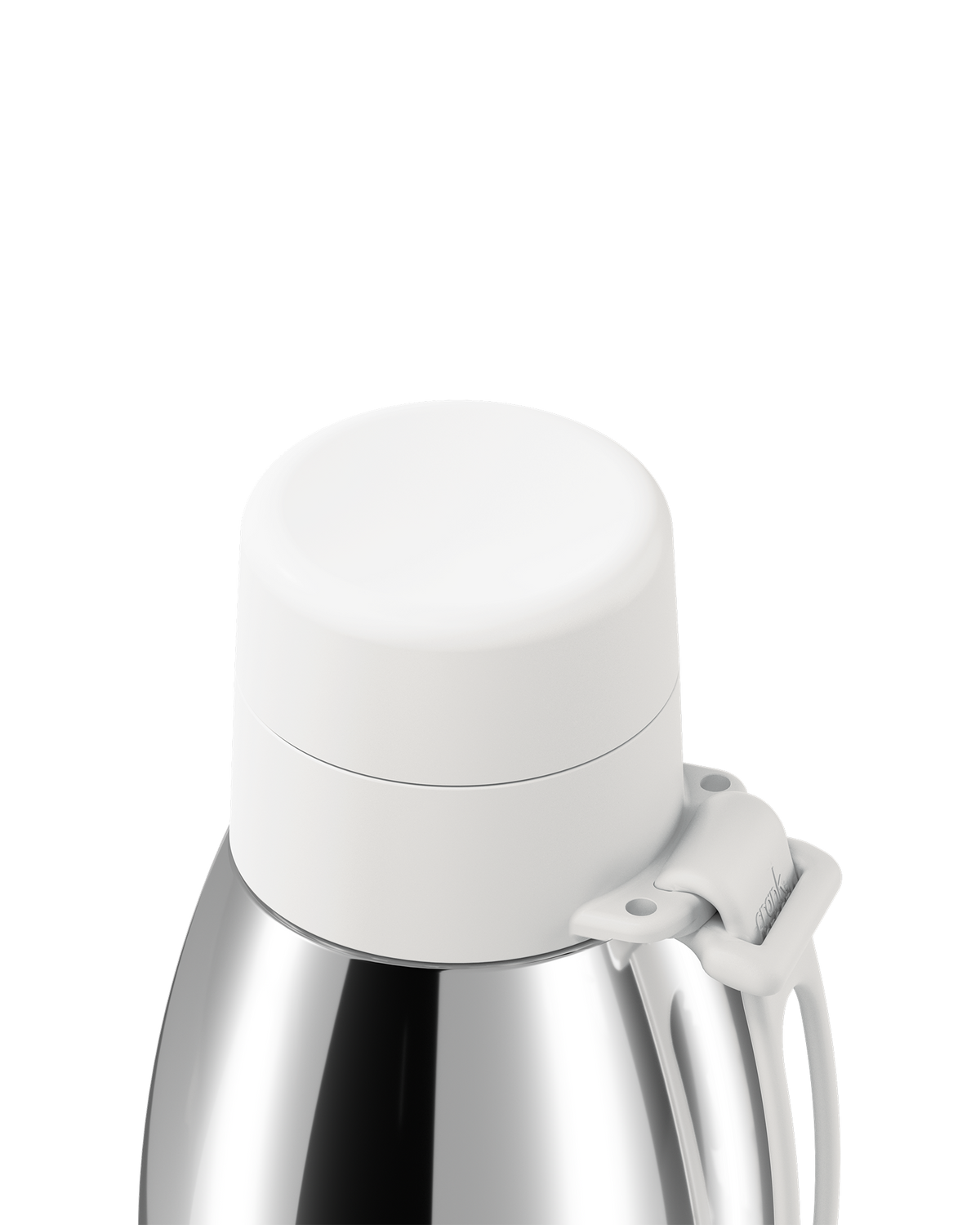 Close-up of a white thermal lid closed on a polished stainless steel 34oz insulated bottle, with the carry loop attached.