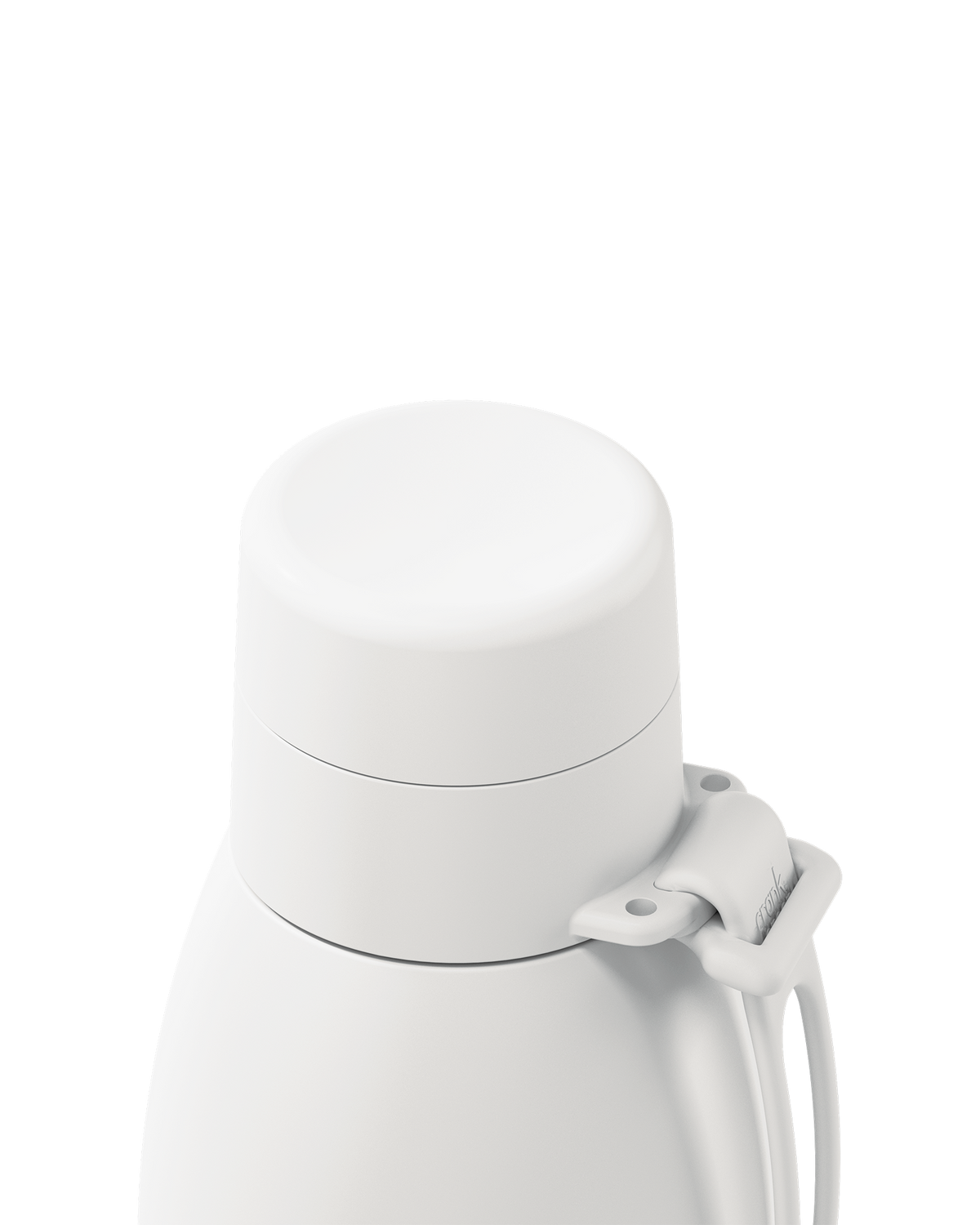 Close-up of a white thermal lid closed on a 34oz insulated bottle, with the carry loop attached.