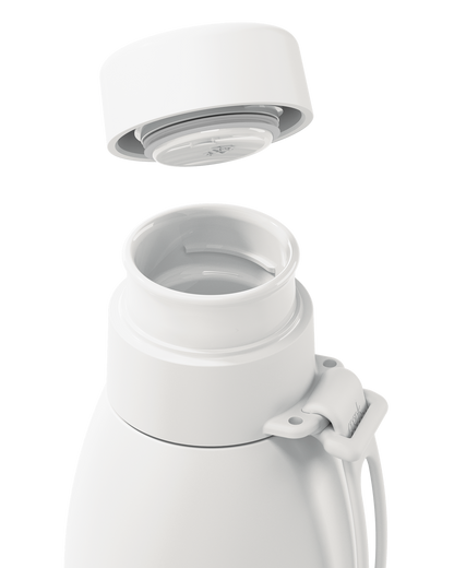 Close-up of a white thermal lid lifted off a 34oz insulated bottle, showing the seal and open neck.