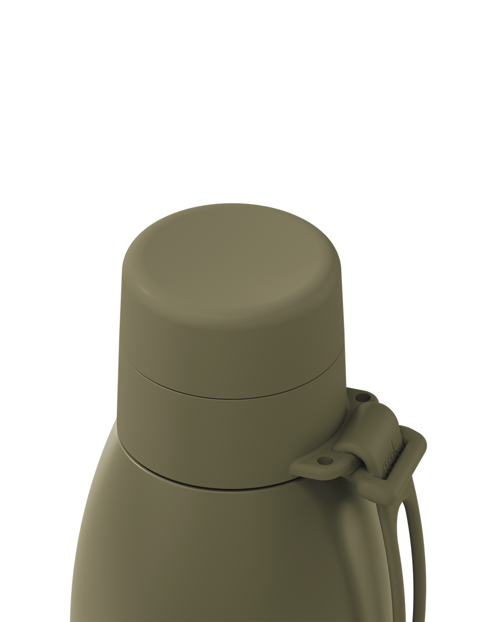 Close-up of an olive green thermal lid closed on a 34oz insulated bottle, with the carry loop attached.
