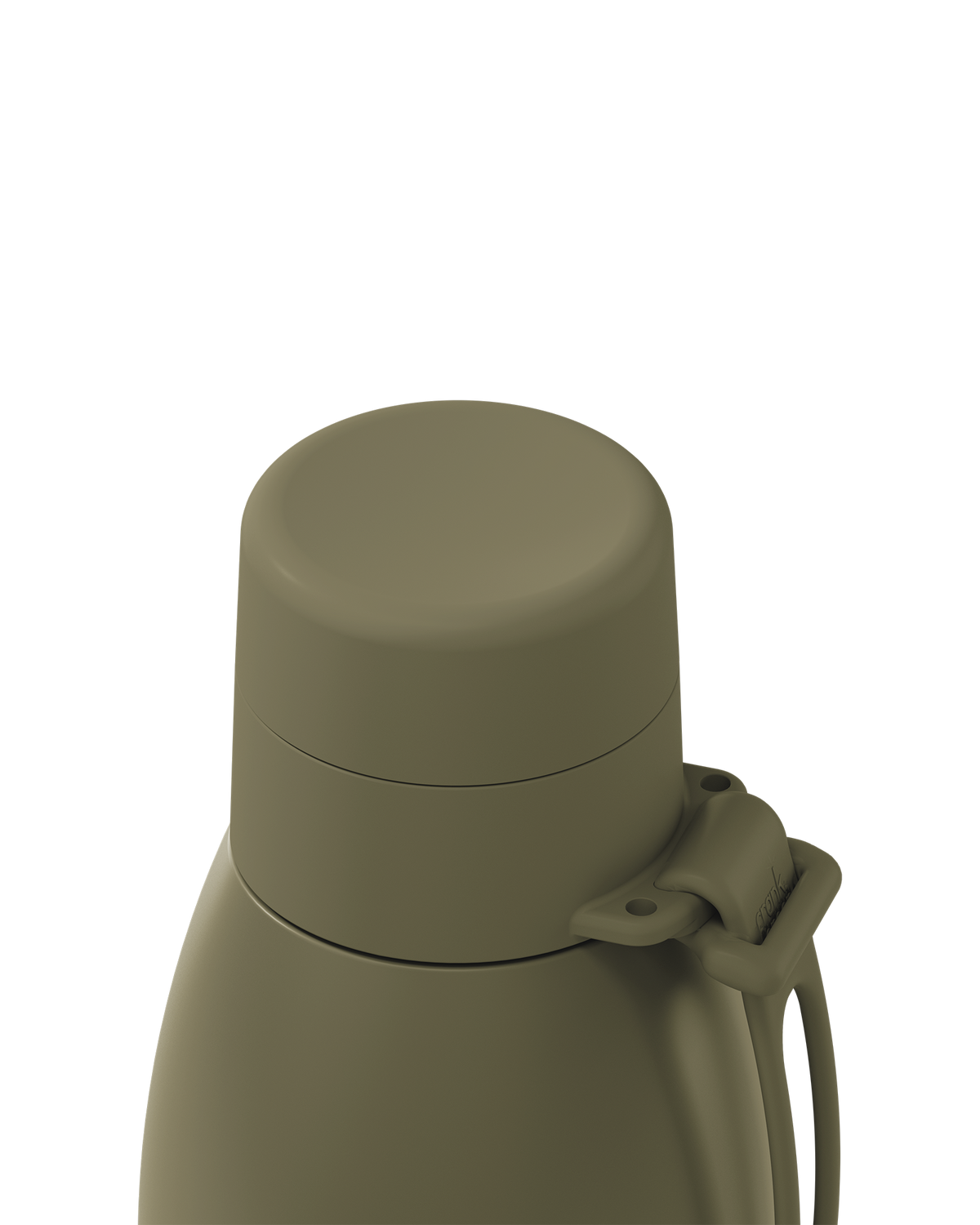 Close-up of an olive green thermal lid closed on a 34oz insulated bottle, with the carry loop attached.