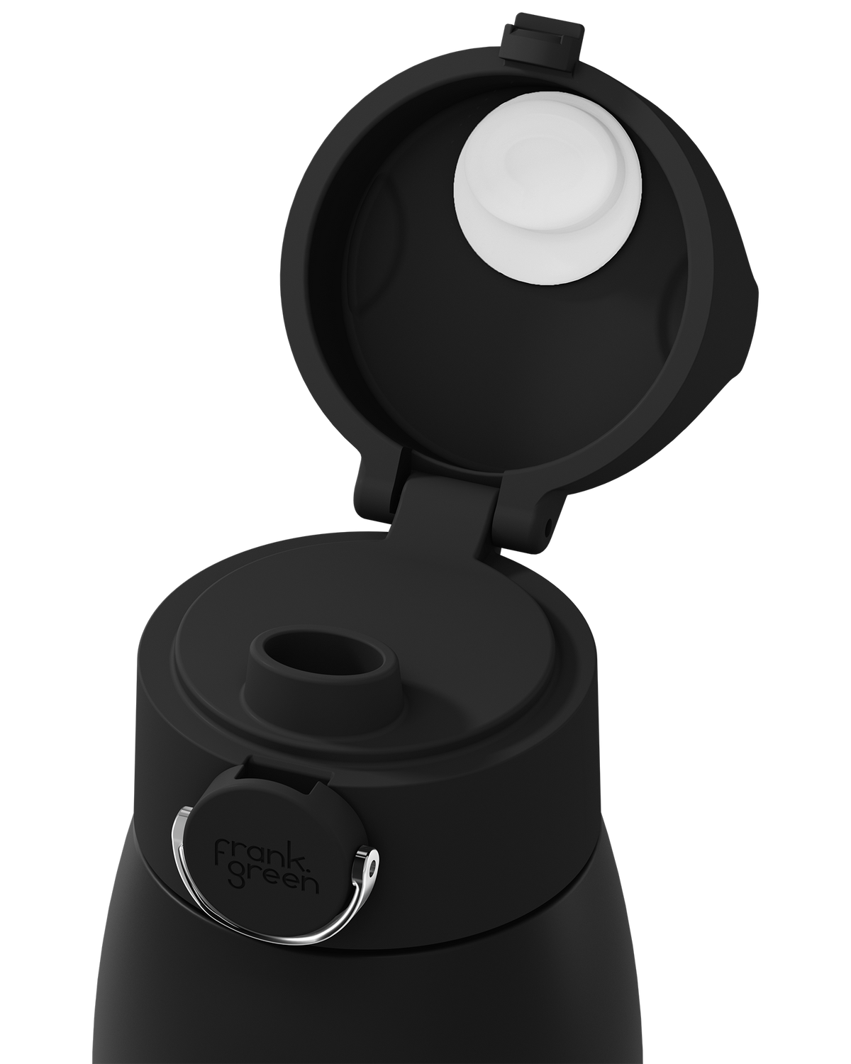 Close-up of a black insulated water bottle with the flip-top lid open, showing a white interior seal and a small silver metal loop. The brand name 'frank green' is printed on the side.
