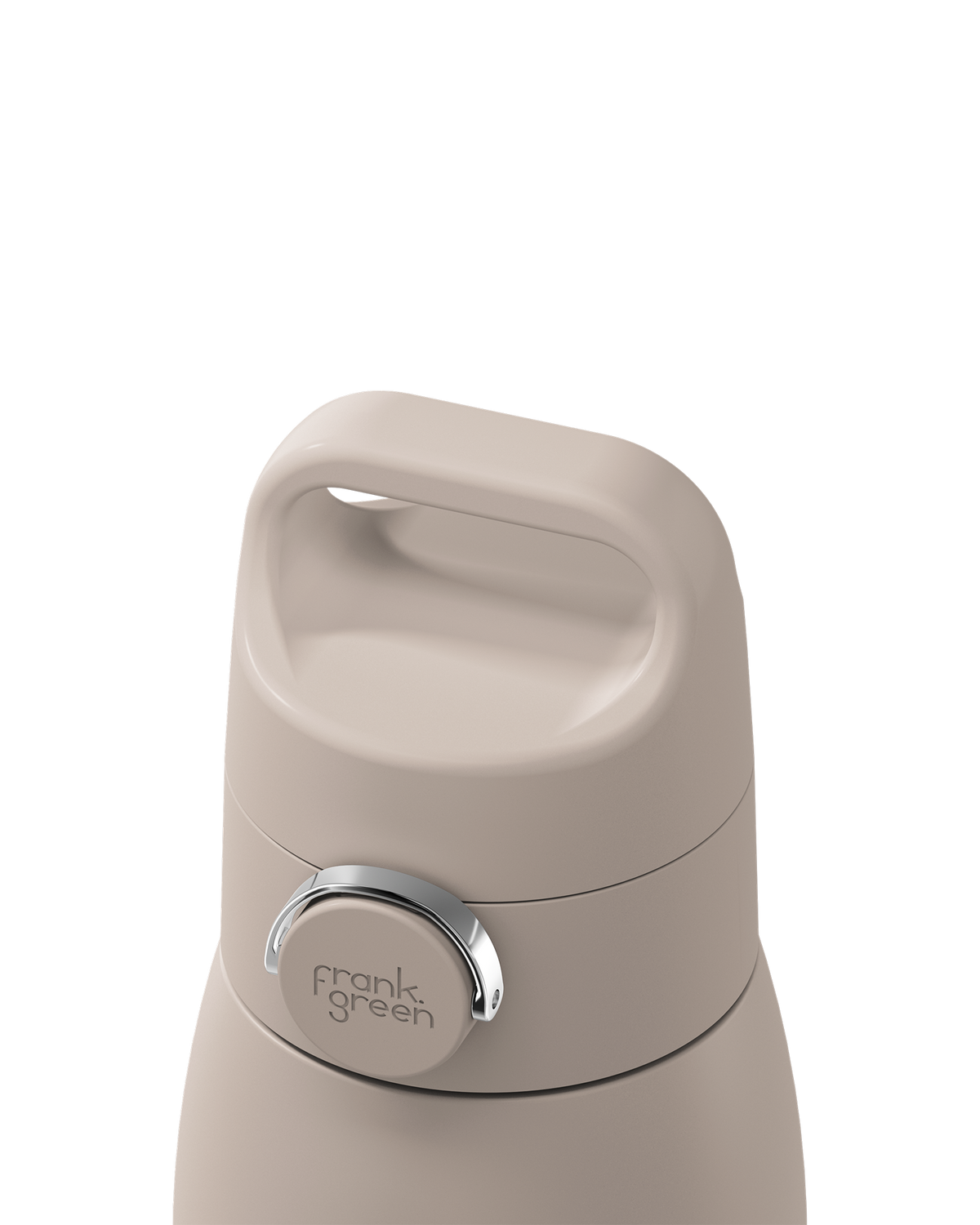 Close-up of a beige insulated bottle lid with a carry handle and a silver circular button featuring the frank green logo, set against a solid white background.