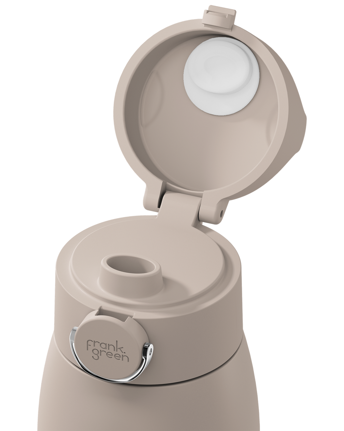 A close-up of a beige insulated bottle with its flip-top lid open, showing the white inner lid and a small silver metal loop. The brand name 'frank green' is printed on the silver loop.