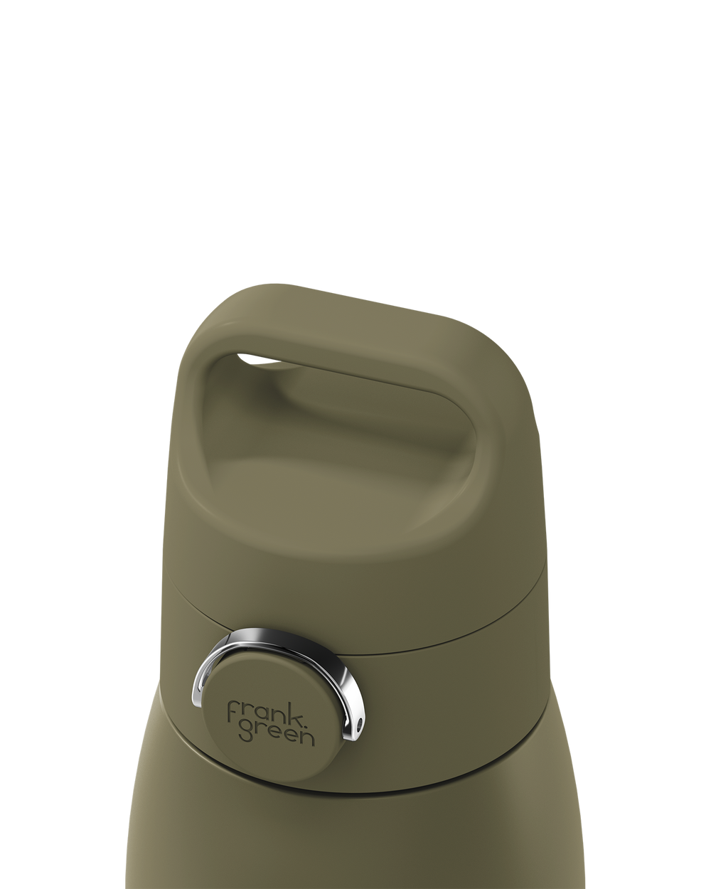 Close-up of a frank green insulated bottle with a matte olive green body, carrying loop lid, and a shiny silver metal ring around the brand logo.