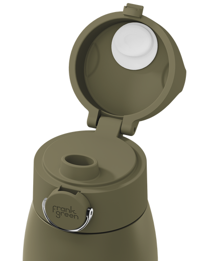 An olive green insulated bottle with its lid open, showing a white inner cap and a silver metal loop. The brand name 'frank green' is printed on the silver loop.
