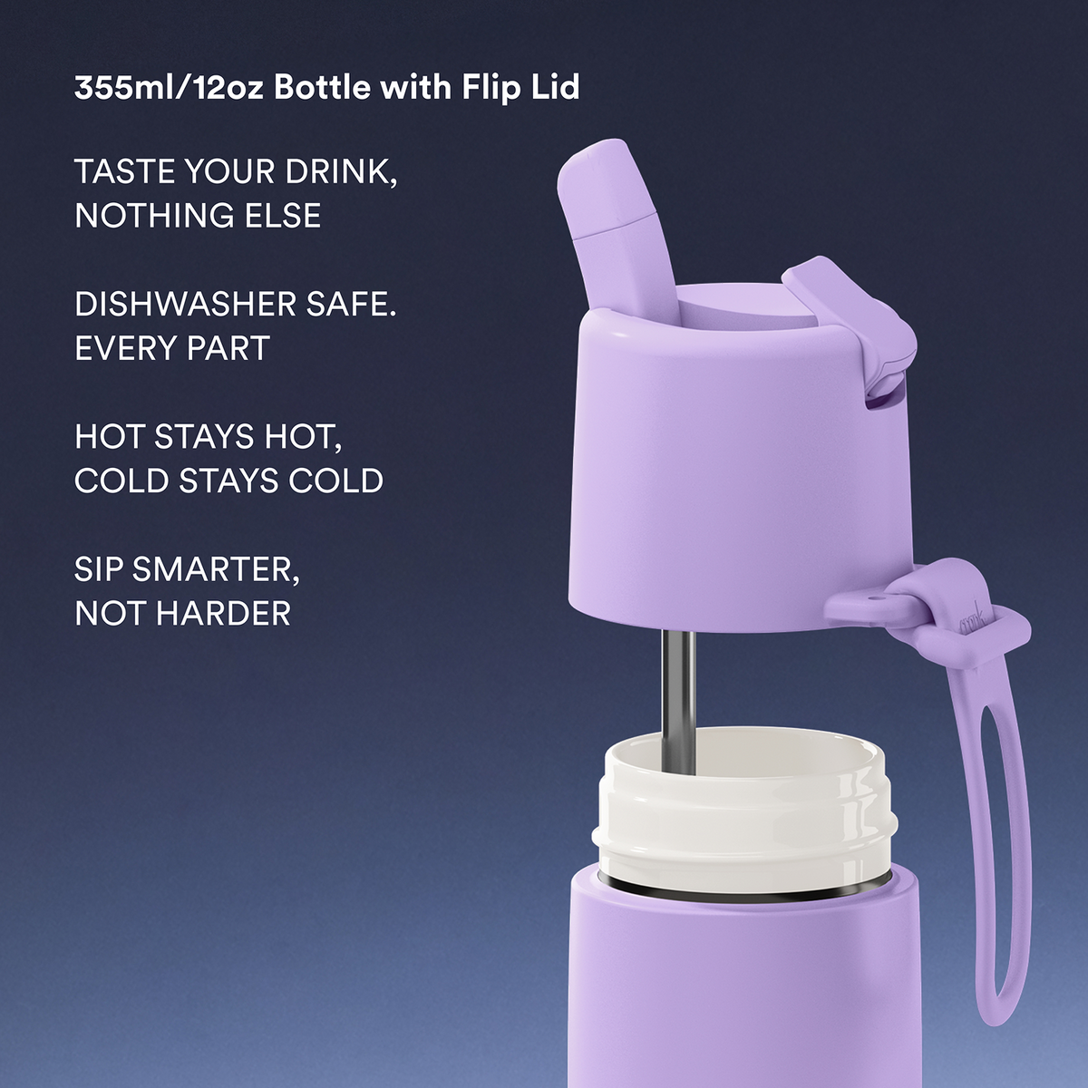 A lavender purple insulated bottle with a flip-top lid, shown partially assembled with the lid removed and the straw visible. White text on the left describes features like dishwasher safety and the flip lid design.