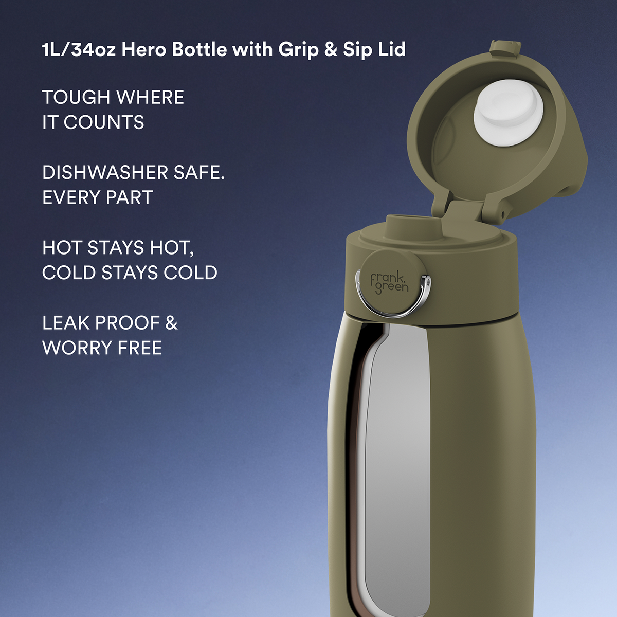 A 1L/34oz hero bottle in olive green with a flip-up lid, shown on a blue gradient background with promotional text highlighting durability, dishwasher safety, temperature retention, and leak proof features.