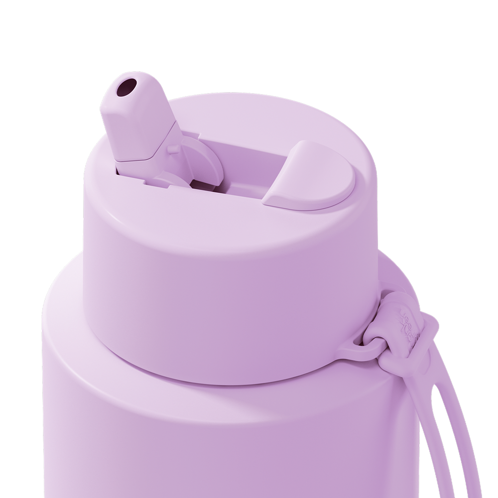 Close-up of a matte light purple water bottle lid with a flip-top straw opening and a matching carrying strap on a white background.