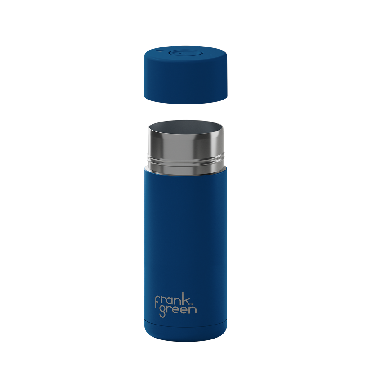 A blue vacuum-insulated travel tumbler with a matching blue cap floating above the open top, featuring a silver stainless steel rim and the 'frank green' logo near the bottom, shown on a plain white background.