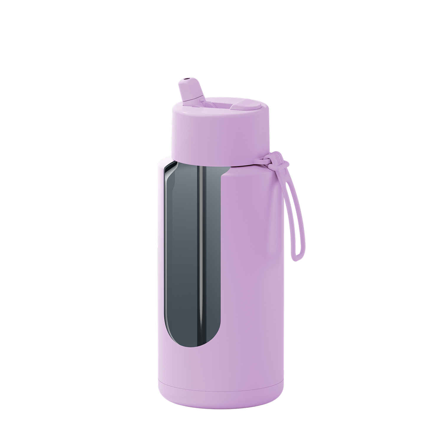 A light purple insulated water bottle with a matching purple lid and carrying loop, featuring a dark gray reflective window on the side, shown against a plain white background.