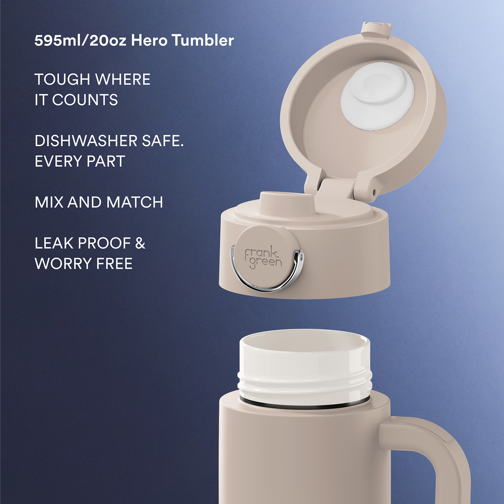 A beige insulated tumbler with its flip-top lid open, shown alongside a close-up of the handle and interior. White text on the left reads '595ml/20oz Hero Tumbler' and lists product benefits like dishwasher safe, leak proof, and mix and match.