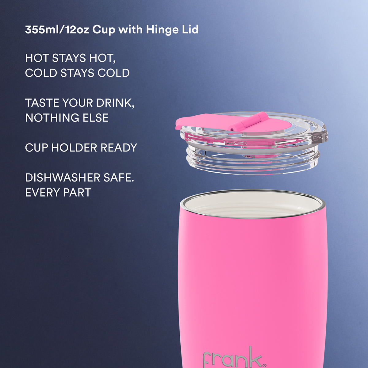 A bright pink insulated tumbler cup with a hinged lid shown open, alongside marketing text describing features like hot and cold retention, dishwasher safety, and cup holder readiness. The brand name 'frank.