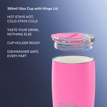 A bright pink insulated tumbler cup with a hinged lid shown open, alongside marketing text describing features like hot and cold retention, dishwasher safety, and cup holder readiness. The brand name 'frank.