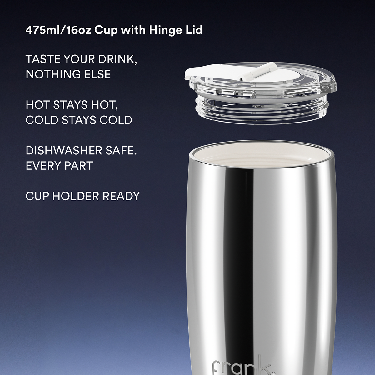 A stainless steel travel tumbler with a clear hinged lid shown floating above the main body on a dark blue gradient background, with white text listing product features.